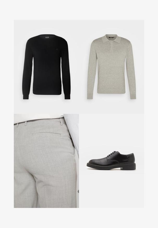 Black knitted sweater featuring a round neckline, long sleeves, and a small embroidered logo on the chest. Soft texture and fitted design.; Long-sleeve light gray polo shirt made of soft fabric, featuring a three-button placket and ribbed cuffs, with a classic collar design.; Light gray tailored trousers made of textured fabric, featuring a single back pocket and clean stitching.; Black leather lace-up shoe with a rounded toe, smooth texture, minimal stitching, and a low rubber heel. Logo on the heel.