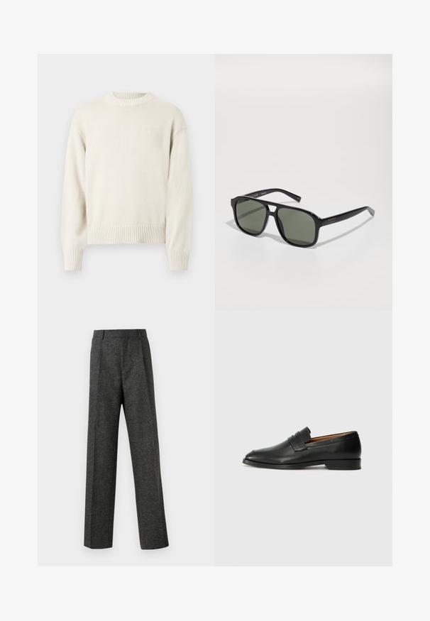 Sweater tricotado de cor creme com decote redondo, punhos e bainha canelados, apresentando um logótipo em relevo discreto no peito.; Calças cinzentas ajustadas, feitas de um tecido texturizado, com duas pregas frontais e um design de perna reta. Sem bolsos visíveis ou enfeites.; Sapatilha de couro preta com biqueira arredondada, detalhes cosidos discretos e um salto baixo, apresentando uma textura suave e um design minimalista.; Óculos de sol retangulares pretos com lentes verdes, armação brilhante, detalhes metálicos e acento em dourado do logótipo na haste.