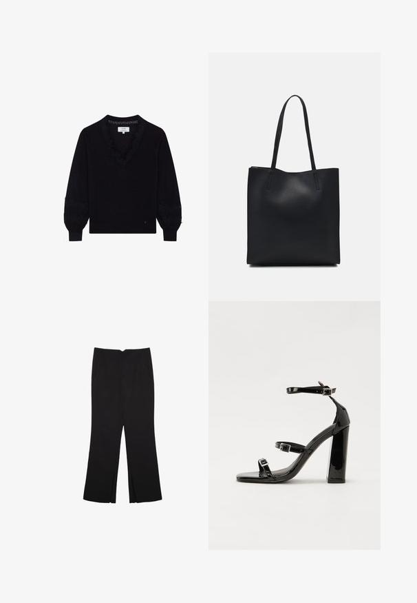 Černý pletený svetr s výstřihem do V a krajkovými detaily na límci a rukávech. Má žebrované manžety a volný střih.; Černé kalhoty s rovným střihem, s předními kapsami a bočními rozparky na lemu. Vyrobené z jemné, hladké tkaniny. Vhodné na různé příležitosti.; Černé lakované sandály na podpatku se čtveratou špičkou, lýtkovými pásky a stříbrnými přezkami. Disponují masivním blokovým podpatkem pro stabilitu.; Černá kožená taška přes rameno s hladkým povrchem, obdélníkovým tvarem a dvěma dlouhými uchy. Žádné viditelné kování ani ozdoby.