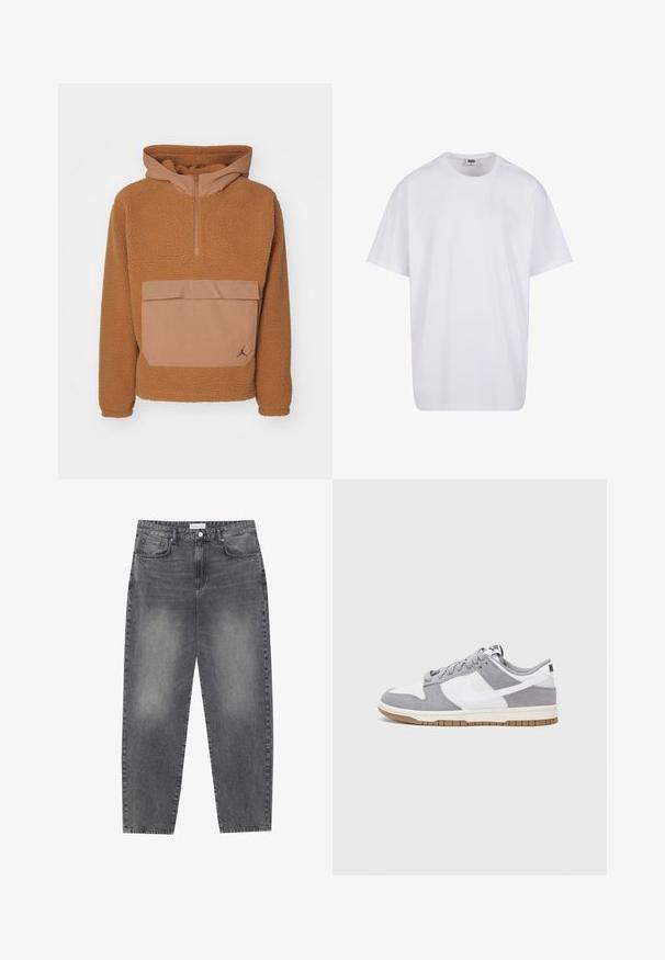 Sudadera de felpa marrón con media cremallera en la parte delantera, capucha y un gran bolsillo frontal; presenta acentos suaves y un logotipo en la esquina inferior.; Camiseta blanca de algodón con mangas cortas, cuello redondo, corte relajado y sin logotipos ni patrones visibles. Textura suave y diseño minimalista.; Jeans de cintura alta y corte holgado en denim negro desgastado. Con cinco bolsillos, pasadores para el cinturón y un diseño de pierna recta y limpia.; Zapatilla gris y blanca con parte superior de ante y cuero, puntera redondeada, cordones planos y suela de goma con un acento de goma.