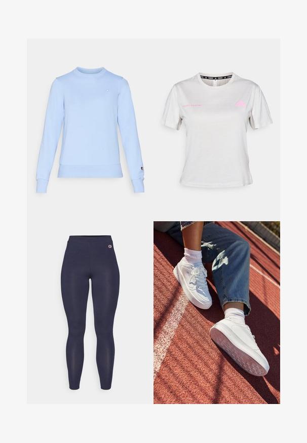 Helesin sinine pusakott, mis on valmistatud pehmest kangast, pikkade varrukatega ja ümmarguse kaelusega. Rinnal ja varruka mansetil on väike logo.; Heledane hallhülsiga T-särk heledashallil taustal, millel on ümmargune kaelus, roosa trükk "ADIDAS RUNNING" ja roosa Adidas logo rinnal. Pehme kangastekstuuri.; Tumesinine retuusid, mis on valmistatud venivast kangast, kõrge vöökoht ja väike logoaksent puusal. Ükski nähtav muster või tekstuur.; Valged nahast sneakerid perforatsiooniga varvaste kohal, lame paelad ja kummist tald. Kanda valgete sokkidega ja helesiniste teksadega, punasel jooksurajal.