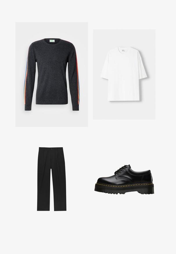 Dark gray sweater with long sleeves, featuring rainbow stripes along the shoulders. Made of soft fabric with a crew neckline.; White short-sleeved t-shirt made from cotton, featuring a round neckline and a relaxed fit. Smooth texture, with no visible patterns or accents.; Black pants with a straight-leg design, made from a smooth fabric. Features front pleats and a single button closure at the waist.; Black leather lace-up shoe with a thick, serrated black rubber sole and yellow stitching along the edge, featuring a smooth finish.