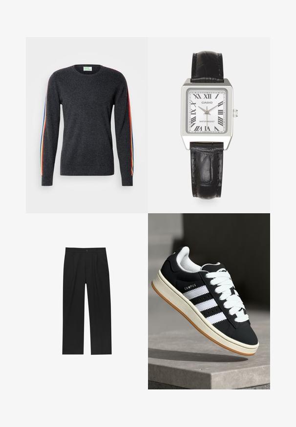 Dark gray sweater with long sleeves, featuring rainbow stripes along the shoulders. Made of soft fabric with a crew neckline.; Short-sleeve polo shirt in cream with ribbed texture and a flat collar. Features a straight hem and soft material for comfort.; Black pants with a straight-leg design, made from a smooth fabric. Features front pleats and a single button closure at the waist.; Black sneaker with white stripes, lace-up design, textured upper, and rubber sole. Features "CAMPUS" logo on the side and gum outsole.; Silver square watch with a white face, black Roman numerals, and "WATER RESIST" text. Black leather strap with a textured finish.