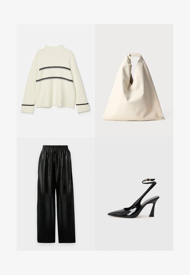 Λευκό πλεκτό πουλόβερ με ψηλό λαιμό, διαθέτει οριζόντιες μαύρες και γκρίζες ρίγες καθώς και μαύρες λεπτομέρειες στα μανίκια. Απαλή υφή.; Μαύρο δερμάτινο παντελόνι σε φαρδύ κόψιμο με ελαστική μέση, που διαθέτει δύο πλευρικές τσέπες και απαλό, γυαλιστερό υφή.; Μαύρες παρτίδας δερμάτινες ψηλοτάκουνες γόβες με μυτερή μύτη, ρυθμιζόμενο λουράκι αστραγάλου και μέτριο τετράγωνο τακούνι. Λείο υλικό με γυαλιστερή υφή.; Beige, μαλακή τσάντα με μοναδική πλεχτή λαβή και διαγώνια ραφή. Μινιμαλιστικός σχεδιασμός με στρογγυλό αξεσουάρ στη βάση.