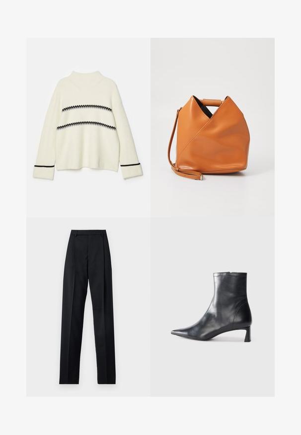 Bela pletena pulover z visokim ovratnikom, ki ima vodoravne črne in sive črte ter črne poudarke na rokavih. Mehak material.; Črne hlače iz gladkega materiala, ki imajo visok pas, široke noge, sprednje nabore in klasične zanke za pas. Nevidni stranski žepi.; Črne usnjene gležnjarje s šiljastim nosom in elegantnim dizajnom. Imajo nizko peto in zadrgo na zadnji strani. Gladka tekstura.; Torbica iz rjave usnje z edinstveno triangularno pregibno zasnovo, zgornja ročica in odstranljiv pašnji trak na belem ozadju.