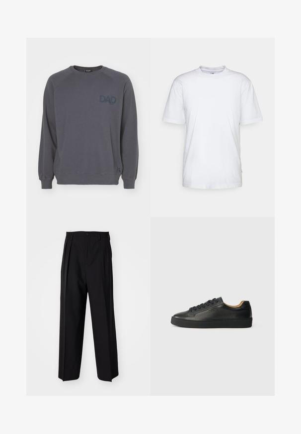 Ron Dorff BOX PRINT - Felpa - lava grey; T-shirt bianco in cotone con collo rotondo, maniche corte e orlo dritto. Presenta un piccolo etichetta del marchio sul lato sinistro.; Pantaloni neri a pieghe con un design dritto e gamba larga. Realizzati in tessuto morbido, con chiusura a bottone e passanti per cintura.; Sneaker in pelle nera a collo basso con superficie texturizzata, lacci neri e suola in gomma spessa, mostrato di lato su uno sfondo chiaro.