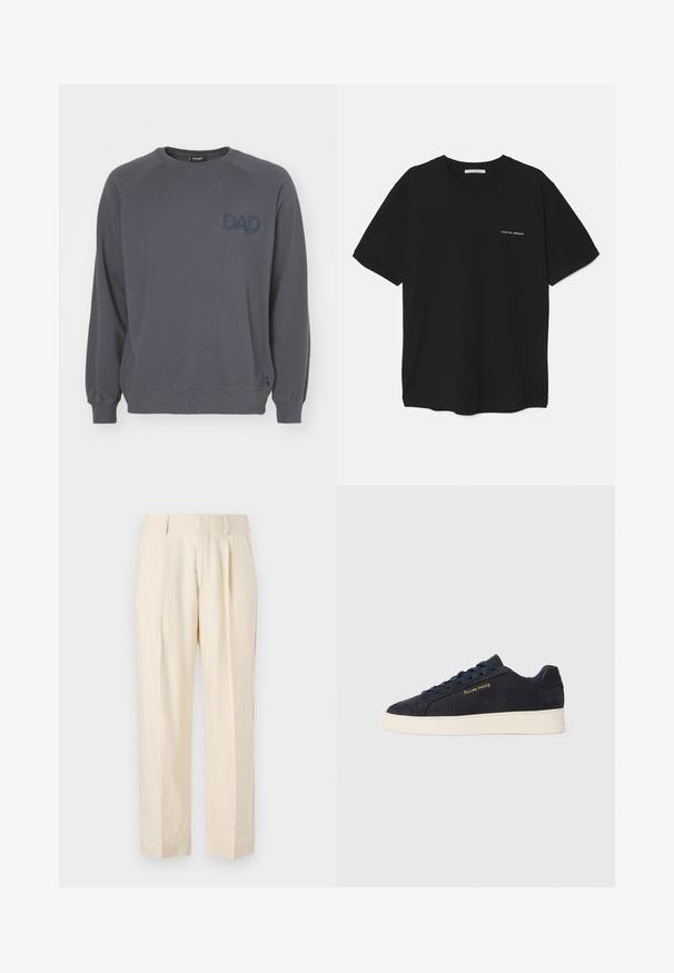 Ron Dorff BOX PRINT - Pusa - lava grey; Must musta T-särk, ümar kaelus, lühikesed varrukad ja valge logo trükk vasakul rinnal. Lihtne, ühtlane värvitoon.; NN.07 KAY - Püksid - off white; Tumedat sinine seemisnahast madala profiiliga tennis, valge tossutald, tumesinised paelad ning küljes kuldne "Filling Pieces" logo.