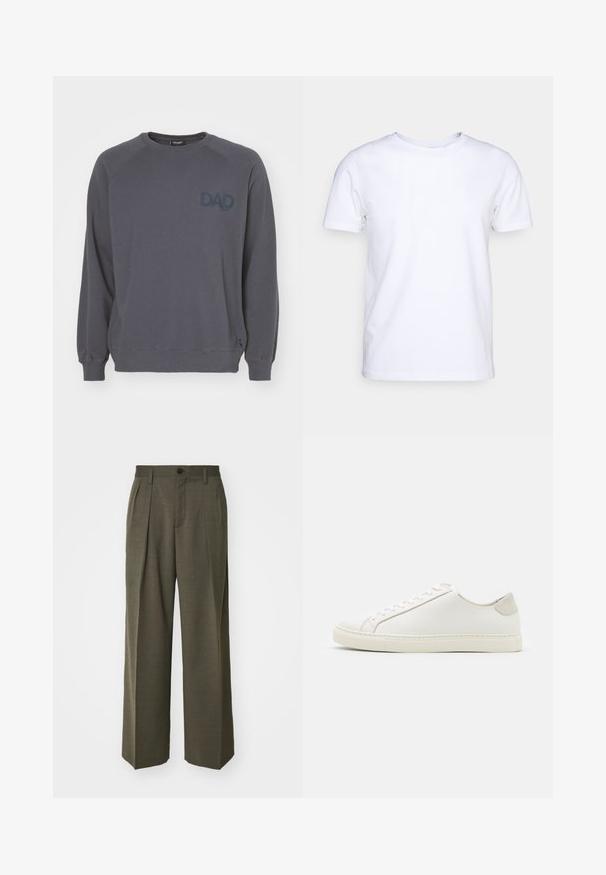 Ron Dorff BOX PRINT - Sweatshirt - lava grey; White short-sleeve t-shirt in cotton fabric with a round neckline. Simple design with no patterns or accents. Smooth texture.; Filippa K WIDE TROUSERS - Trousers - driftwood; White leather sneaker with a smooth surface, round toe, and minimalistic design. Features beige accents on the heel and a rubber sole.