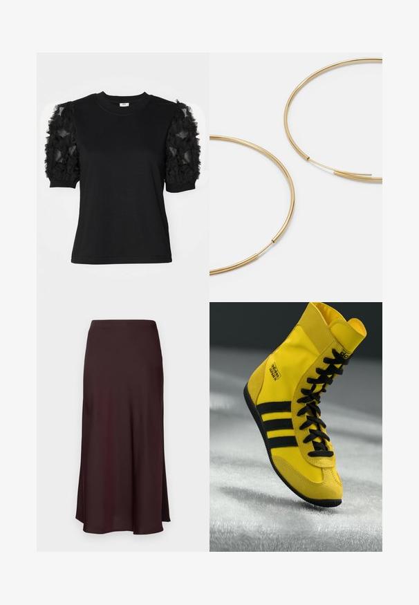 Kraštuotas juodas marškinėliai, su trumpomis rankovėmis, pagaminti iš raukšlėto juodo tiulio audinio, su apvalia iškirpte ir prigludusia siluetu.; Bordo satino midi sijonas su lygiu paviršiumi, tiesiu siluetu ir šiek tiek platėjančiu apmušalu. Nėra matomų raštų ar detalių.; Aukšti sportbačiai, pagaminti iš geltonos sintetinės medžiagos, su juodais raišteliais, trimis juodomis juostelėmis ir logotipu šone. Raštuota guminė padanga.; Aukso spalvos žiedo auskarai, ploni ir apvalūs, su lygiu metaliniu paviršiumi be papuošimų ar raštų.