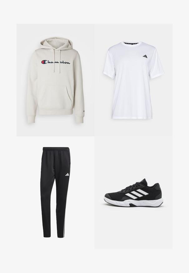 Beige Kapuzenpullover aus weichem Textil, mit einer vorderen Kängurutasche, Kordelzugkapuze und aufgesticktem "Champion"-Logo in Marineblau und Rot.; Weißes sportliches T-Shirt mit kurzen Ärmeln, aus feuchtigkeitsableitendem Material. Mit einem schwarzen Logo auf der linken Brust und einem gemusterten Innenkragen.; Schwarze Sporthose mit einem dehnbaren Bund, weißen Seitenstreifen und einem kleinen weißen Logo auf dem Oberschenkel. Hergestellt aus einem glatten, leichten Material.; Schwarze Sportschuhe mit einem strukturierten Mesh-Obermaterial, weißen Akzentstreifen, einer gepolsterten Sohle und einer verstärkten Ferse für Unterstützung.