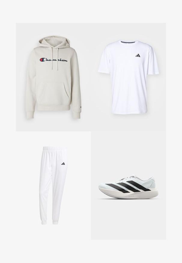 Crème kleurige hoodie gemaakt van zacht textiel, met een voorste kangaroezak, een capuchon met koordjes en een geborduurd "Champion" logo in marineblauw en rood.; Witte T-shirt met korte mouwen, gemaakt van stof met een gladde textuur. Heeft een zwart adidas-logo op de linkerborst en een geborduurde kraag.; Witte sportbroek van gladde stof, met een elastische tailleband en smalle taillebanden, voorzien van een zwart logo op de achterzak.; Lichte hardloopschoenen in lichtblauw met zwarte strepen. Beschikt over een soepele bovenkant, ronde neusstuk en dikke witte tussenzool met het label "LIGHTSTRIKE PRO."