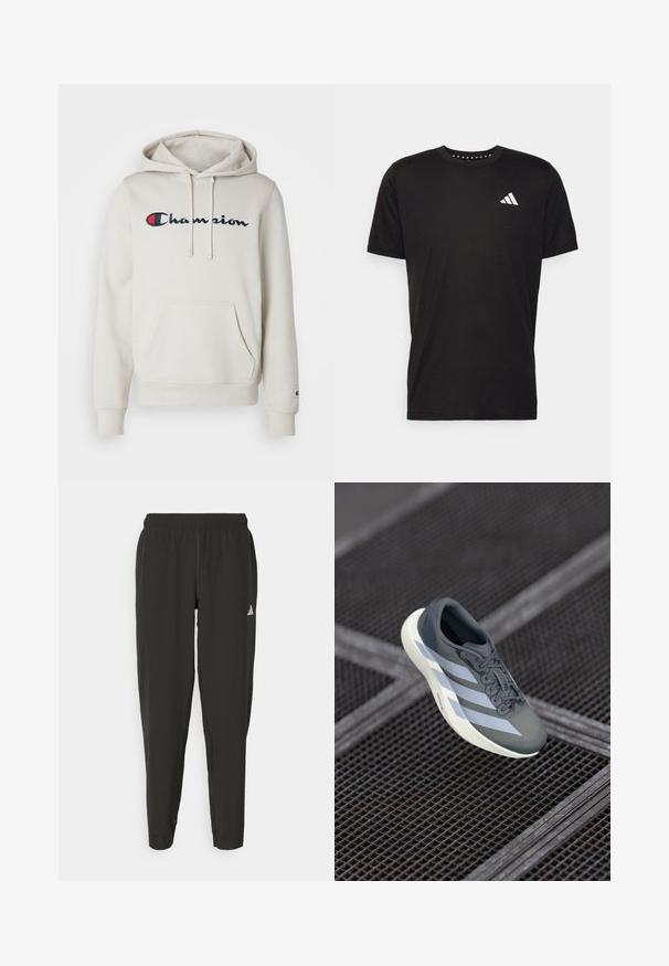 Hoodie couleur crème en textile doux, avec une poche kangourou à l'avant, une capuche avec cordon de serrage, et un logo "Champion" brodé en bleu marine et rouge.; T-shirt en coton noir à manches courtes, décolleté rond et logo blanc sur la poitrine gauche. Texture lisse et design simple.; Pantalons de sport noirs avec une taille élastique, coupe slim et logo blanc sur la jambe gauche. Tissu lisse et léger.; Baskets grises et blanches, en matériau synthétique, avec un design épuré, une finition texturée et un système de laçage bien visible.