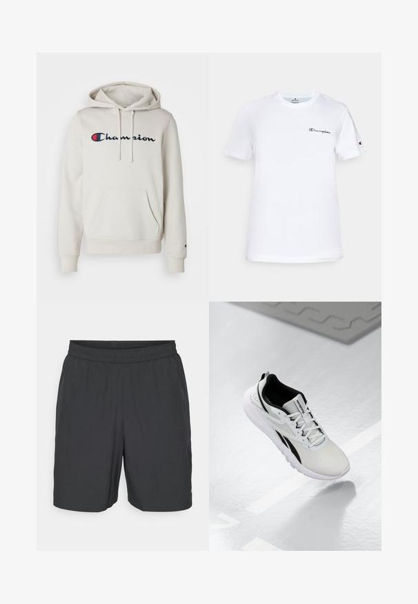 Felpa color crema realizzata in tessuto morbido, con tasca a marsupio frontale, cappuccio con lacci e logo ricamato "Champion" in blu navy e rosso.; T-shirt bianco in cotone con collo rotondo, maniche corte e logo "Champion" ricamato in nero sul petto e sull'accento della manica.; Champion TRAINING SHORTS - Pantaloncini sportivi - black; Scarpa sportiva grigia chiara con dettagli neri, tomaia in rete testurizzata, suola imbottita e chiusura con lacci. Presenta un linguetta sul tallone.