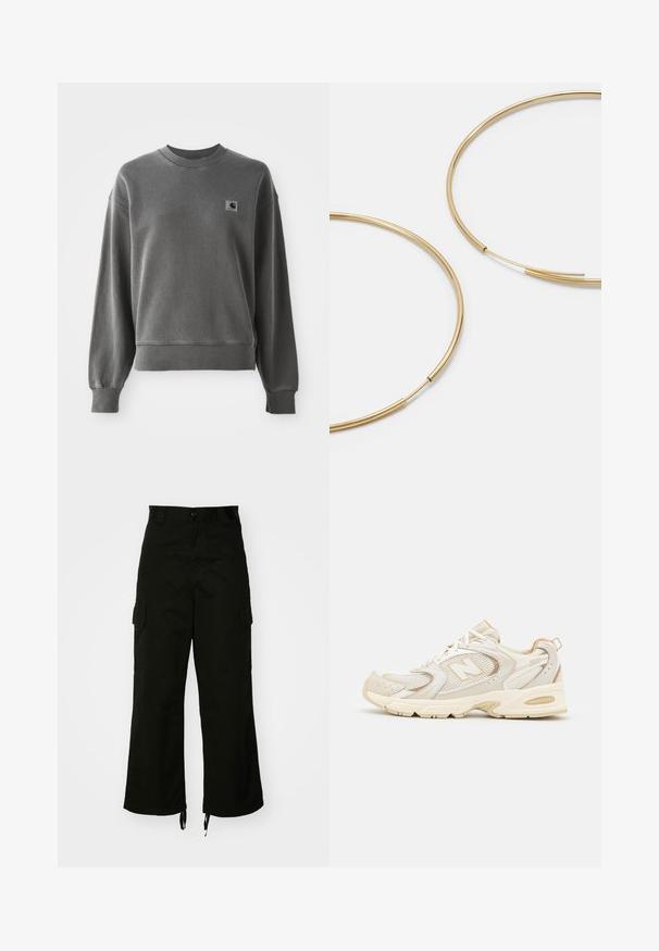 Pullover grigio in cotone morbido, con collo tondo, polsini a costine e una piccola etichetta con logo sul lato sinistro del petto.; Pantaloni cargo neri realizzati in cotone, con gamba larga, tasche laterali e orli con cordino. Il design include una chiusura con bottone in vita.; Scarpe sportive beige con sovrapposizioni in mesh e materiale sintetico, dotate di una superficie testurizzata, colletto imbottito e ammortizzazione "ABZORB" nel tallone.; Orecchini a cerchio color oro, sottili e rotondi, con una finitura metallica liscia e senza decorazioni o motivi.