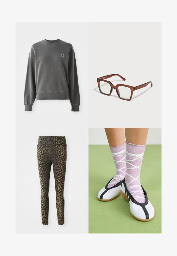 Gray pullover sweatshirt made of smooth cotton blend, featuring a round neck, ribbed cuffs, and a small logo patch on the left chest.; Leopard print leggings featuring a high waistband, stretchy fabric, and black accents on a light brown base, designed for comfort and fit.; White flat shoes with a black trim and sole, paired with light purple ribbed socks featuring white crisscross straps. Set on a green background.; Brown oversized rectangular glasses with clear lenses and a slight pink tint on the right lens. Plastic frame with smooth texture.