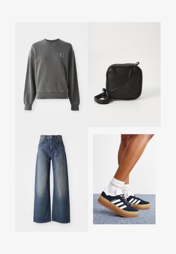 Grijze pullover sweatshirt van een gladde katoenmix, met een ronde hals, geribbelde manchetten en een klein logopatch op de linkerkant van de borst.; Blauwe high-waisted wide-leg jeans met een sluiting aan de voorkant en zakken, vervaagde textuur op de bovenbenen en een rechte zoom.; Zwarte suède sneakers met witte strepen en accenten, ronde neus, gum rubberen buitenzool, gecombineerd met witte geribbelde crewkousen.; Zwarte vierkante crossbody tas van gestructureerd synthetisch materiaal. Met een reliëflogo ontwerp en een verstelbare schouderband. Ritssluiting.