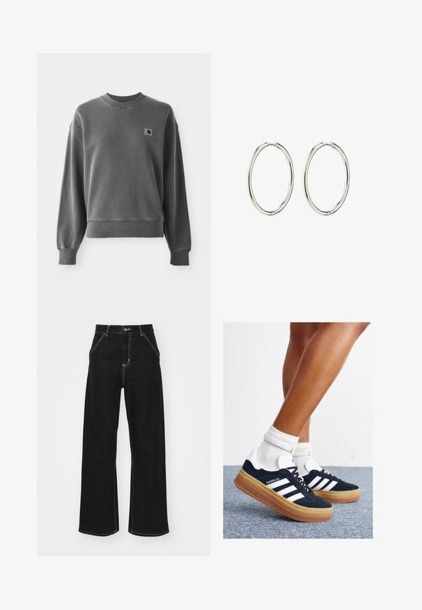 Hall hall, mis on valmistatud siledast puuvillaste segudest, ringikujuline kaelus, soonikpitsid ja väike logopatch vasakul rinnal.; Mustmustest mustadest denimist, millel on kontrastsed valged õmblused ja esine nupp, kahe nurga all asuva esipocketiga.; Mustad seemisnahast tossud valgete triipude ja detailidega, ümarate varbassosadega, kummist välistallaga, paaritatud valgete soonikuliste meessokkidega.; Hõbedased rõngaskõrvarõngad, millel on sile ja poleeritud viimistlus. Ümmargune kuju, kerge disain, millel on turvaline sulgemismehhanism.