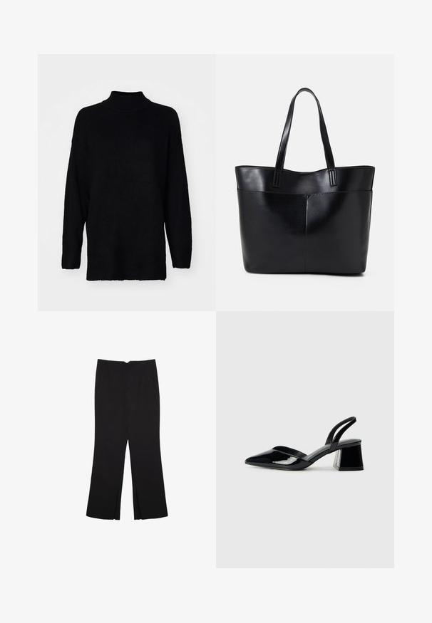 Vero Moda VMPHILLIS LONG - Trui - black; Zwarte broek met een rechte pasvorm, voorzien van zijzakken en plooien aan de onderzijde. Gemaakt van zachte, gladde stof. Geschikt voor verschillende gelegenheden.; Zwarte gepatineerde leren slingback hakken met een spitse neus en een geometrische blokhak. Kenmerkt zich door een slank, minimalistisch ontwerp en een gladde textuur.; Zwarte leren tote bag met twee lange handvatten, een zachte textuur en een gestructureerde vorm. Voorzien van een voorvak voor extra opslagruimte.