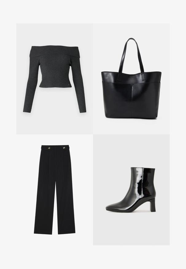 Vállnélküli, bordás kötésű felső sötétszürkében, hosszú ujjakkal és szűk fazonnal, az alján egy kis logó részlettel.; Fekete, bő szárú nadrág magas derékkal, gombos részletekkel a derékrészen és elülső pliszékkal.; Fekete lakk bőrcipő bokáig érő, hegyes orral és közepes magasságú tömbsarokkal. Simább textúrával és minimalista dizájnnal rendelkezik.; Fekete bőr bevásárlótáska két hosszú fogantyúval, sima felülettel és strukturált formával. Elülső zseb található rajta a plusz tárolás érdekében.