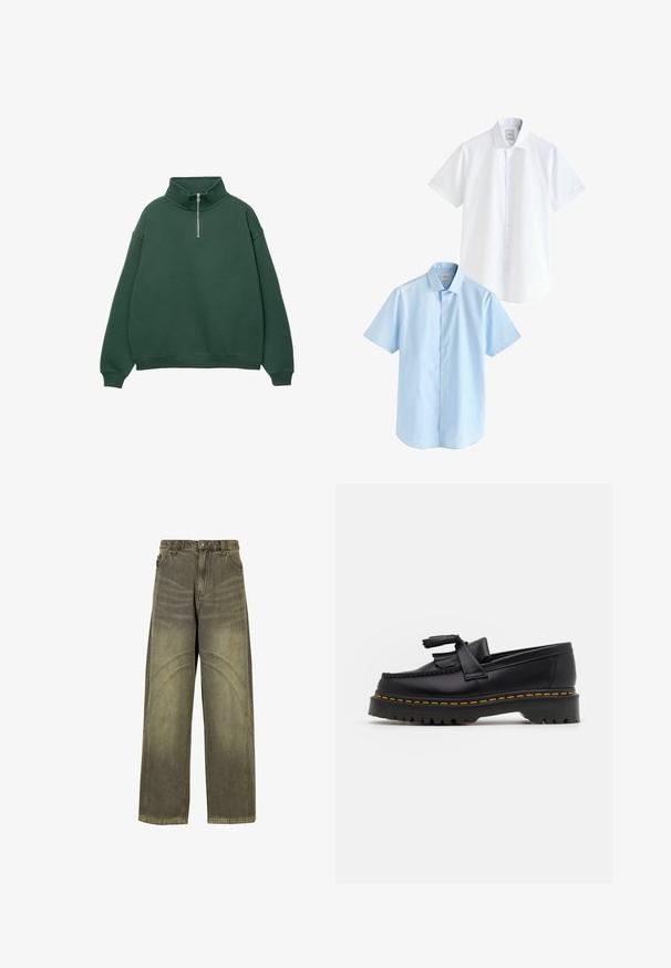 Mörkgrön, zippered pullover sweatshirt med hög krage. Tillverkad av mjukt material, med sänkt axelsöm och ribbad mudd och nederdel.; Två kortärmade skjortor: en vit och en ljusblå. Båda har knäppning fram, krage, slätt bomullstyg och normal passform.; Vida jeans i olivgrön denim, med kurviga sömsyningar, klassisk knappstängning och en blekt finish.; Svart läderloafer med en tofsdetalj, med en kraftig svart sula och gul söm längs kanten. Strukturerad yta.