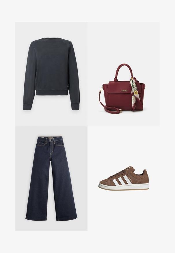 Tmavošedý sveter s okrúhlym výstrihom, raglánovými rukávmi a rebrovanými manžetami a lemom. Hladká textúra bez viditeľných vzorov alebo detailov.; Džíny s širokými nohavicami v tmavomodrej farbe s kontrastným šitím. Obsahujú tradičný dizajn s piatimi vreckami a zapínanie na gombík v páse.; Hnedé semišové tenisky s bielymi koženými pruhmi, gumovou podrážkou, okrúhlou špičkou a šnurovaním. Obsahujú logo na jazyku a perforované akcenty.; Bordová kabelka vyrobená z umelého materiálu so štruktúrovaným dizajnom, s odnímateľným popruhom a kvetinovou šatkou zviazanou na držadle.