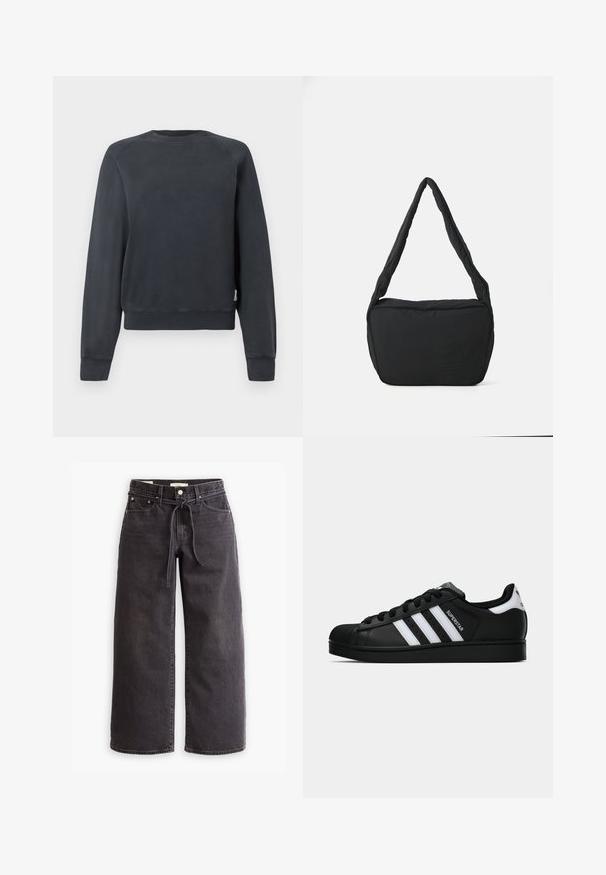 Mørkegrå hettegenser med rund hals, raglanermer og ribbede mansjetter og hem. Glatt tekstur uten synlige mønstre eller detaljer.; Sorte vide benklær laget av denim, med strikk i livet, fem lommer og kontrasterende sømdetaljer. Flat front.; Svart Adidas Superstar sneakers med hvite striper, skalltå og "Superstar" tekst på siden, vist i sideprofil på hvit bakgrunn.; Svart skulderveske med polstret tekstur, rund form og bred stropp, med et preget logo på forsiden.