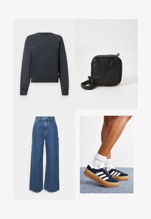Dark gray sweatshirt with a round neckline, raglan sleeves, and ribbed cuffs and hem. Smooth texture without visible patterns or accents.; Wide-leg blue denim trousers with a high waist, contrasting stitching, and side pockets, featuring a classic five-pocket design and raw hems.; Black suede sneakers with white stripes and accents, rounded toe, gum rubber outsole, paired with white ribbed crew socks.; Black square crossbody bag made of textured synthetic material. Features an embossed logo design and adjustable strap. Zipper closure.