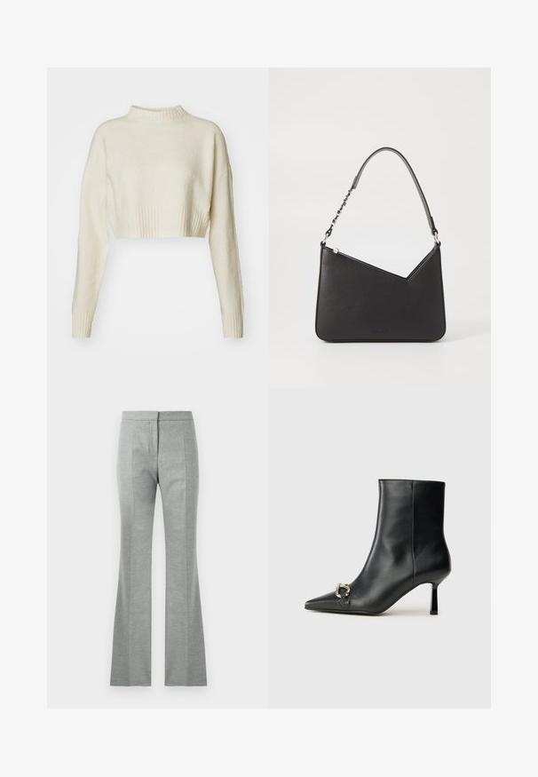 Pull crème court en tissu doux. Doté d'un col montant à côtes et de manches longues avec des poignets côtelés. Texture lisse, design minimal.; Pantalons évasés gris avec des coutures verticales, fabriqués dans un tissu doux et texturé. Présentent une taille ajustée et une finition lisse.; Bottine en cuir noir avec un bout pointu, un talon moyen fin et un détail de boucle en argent sur le côté, se détachant sur un fond uni.; Sac à main en cuir noir, de forme triangulaire, avec une sangle fine et des accessoires en métal argenté. Il dispose d'une fermeture zippée et d'un logo embossé à l'avant.