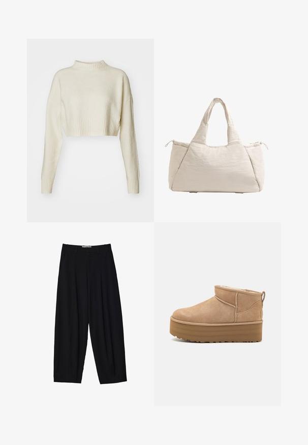 Zkrácený krémový svetr vyrobený z měkkého materiálu. Má vysoký žebrovaný výstřih a dlouhé rukávy se žebrovanými manžetami. Hladká textura, minimalistický design.; Černé široké kalhoty vyrobené z lehké tkaniny, s předními sklady, klasickým pasem a bočními kapsami. Hladký povrch.; Béžové semišové kotníkové boty s plyšovým interiérem, které mají platformovou podrážku a poutko na zadní straně pro snadné obutí. Texturovaná gumová podrážka.; Béžová prošívaná taška přes rameno s dvěma rukojeťmi, zaoblený tvar, texturovaná látka a boční kapsa na šňůrku. Hladký povrch, minimalistický design.