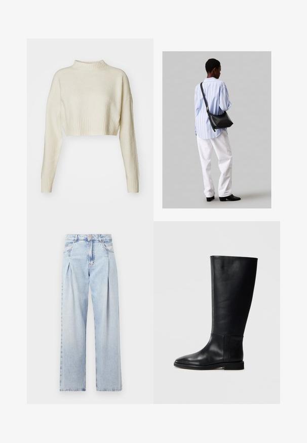 Trumpas kreminės spalvos megztinis, pagamintas iš švelnios medžiagos. Turi aukštą banguotą kaklą ir ilgas rankoves su banguotais rankogaliais. Lygus paviršius, minimalus dizainas.; Šviesiai mėlyni džinsai su aukštu liemeniu, plačiomis kojomis, dviem šoninėmis kišenėmis ir raukinių dizainu. Minkšta tekstūra su nudilusia apdaila.; Juodos odinės kelio ilgio boot'ai su apvaliu pirštu, lygia tekstūra, minimalistiniu dizainu ir plokščiu padu. Paprasti siuvinėjimo detalės ant šonu.; Juodas odinis petinis krepšys su minkšta tekstūra, trikampiu pavidalu ir reguliuojama juosta, derinamas su šviesiai mėlynu dryžuotu marškinėliu ir baltais džinsais.