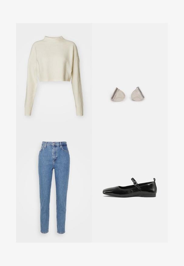 Maglione corto di colore crema realizzato in un tessuto morbido. Presenta un colletto alto a costine e maniche lunghe con polsini a costine. Texture liscia, design minimale.; Jeans blu a vita alta, con gamba dritta, dotati di bottone e cerniera frontale, passanti per cintura e tasche, esposti su uno sfondo bianco semplice.; Balla piatta in pelle verniciata nera con punta a punta, cinturino alla caviglia con fibbia e una superficie liscia e lucida. Tacco basso per il comfort.; Orecchini in metallo argentato con forma a goccia liscia e finitura lucida. Incisioni sottili aggiungono dettagli. Design minimalista.