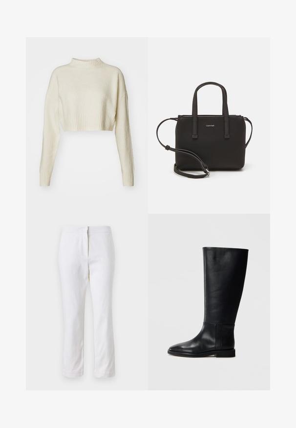 Izgriezts, krēma krāsas džemperis, izgatavots no mīksta auduma. Iezīmē augstu ribotu apkakli un garām piedurknēm ar ribotām aprocēm. Gluda tekstūra, minimālistisks dizains.; Baltas kokvilnas bikses ar taisnu kāju dizainu, ar vidēju augstumu un bez redzamām detaļām vai rakstiem. Visā virsmā ir gluda tekstūra.; Melnas ādas līdzceļgala zābaki ar noapaļotu pirkstu, gludu tekstūru, minimālistisku dizainu un plakanu zoli. Vienkāršas šuvju detaļas uz zābaku augšdaļas.; Melns roku soma ar divām īsām rokturiem un noņemamu plecu siksnu. Gluda ādas līdzīga materiāla ar rāvējslēdzēja aizdari un logos detaļu.