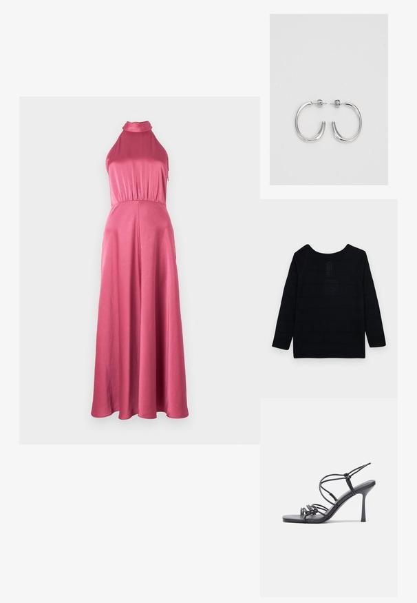Black long-sleeve top with a rounded neckline, featuring a textured pattern and reinforced stitching along the seams.; Pink halter neck maxi dress with a fitted bodice, a gathered waist, and a smooth, flowing skirt. Made from lightweight, textured fabric.; Black high-heeled sandals feature thin straps with a knotted design, a smooth square toe, and a sleek stiletto heel.; Silver metallic clutch with an angular envelope design, smooth texture, and contrasting interior color, held in a hand wearing a black coat.; Silver hoop earrings with a smooth, shiny finish. Rounded shape, lightweight design, featuring a post-back closure.