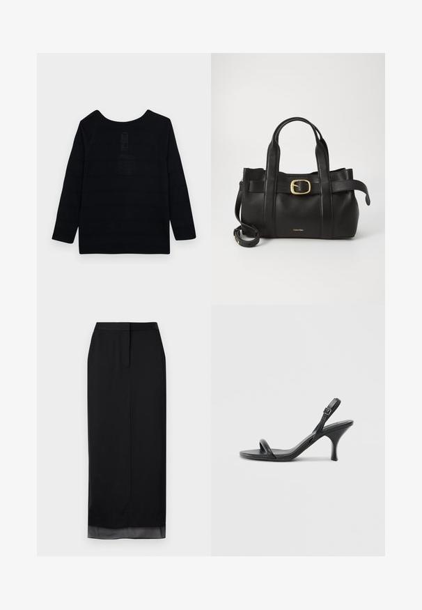Black long-sleeve top with a rounded neckline, featuring a textured pattern and reinforced stitching along the seams.; Black long skirt made of smooth fabric. Features a straight silhouette with a subtle sheer hem, tailored waistband, and back slit detail.; Black leather high-heeled sandals with a slim, curved heel and a crossed strap design. Adjustable ankle strap. Smooth texture.; Black leather handbag featuring a structured design, dual top handles, gold-tone buckle accent, and embossed brand logo at the front.