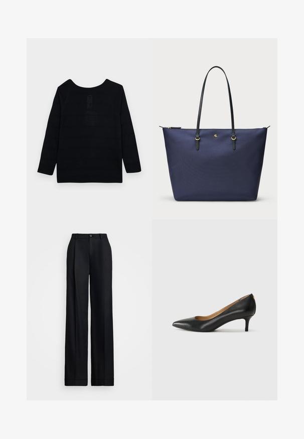 Svart langermet topp med rund hals, med et teksturert mønster og forsterkede sømmer langs kantene.; Svart vide bukser med en glatt finish, flat front, beltehemper og en enkelt knapplukking i midjen.; Sorte lærpumpe med spiss tå, lav hæl og en glatt tekstur. Har en liten åpning foran og minimalt med beslag bak.; Mørkeblå toteveske laget av teksturert stoff, med svarte lærhåndtak og detaljer i gull. Glidelås i toppen.