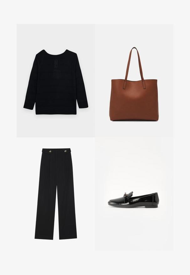 Črn dolg rokav z okroglim izrezom, ki ima teksturiran vzorec in ojačane šive ob šivih.; Črne široke hlače s visokim pasom, gumbnimi detajli na pasu in sprednjimi gubami.; Črne lakirane usnjene loaferske čevlje s ravnim podplatom, zaobljenim nosom in dekorativnim pasom z zlatim naglasom. Gladek, sijoč poljšček.; Rjava usnjena torba z gladko teksturo, odprto zasnovo zgoraj in dvema naramnima trakovoma. Opremljena je z minimalnim šivanjem in brez vidnih kovinskih delov.