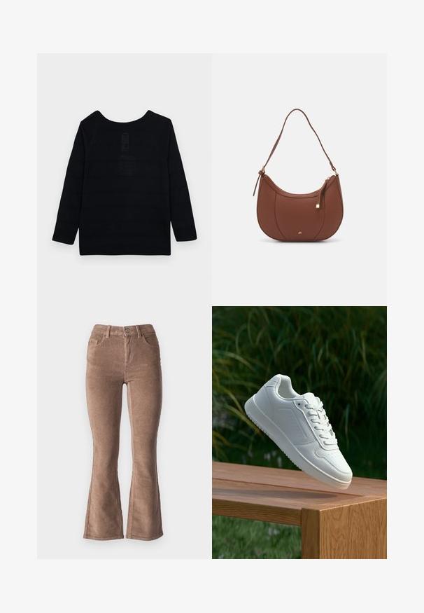 Schwarz langärmliges Oberteil mit rundem Ausschnitt, das ein strukturiertes Muster und verstärkte Nähte entlang der Nähte aufweist.; Braune Corduroy Schlaghose mit gerippter Textur, hohe Taille, fünf Taschen und Knopfverschluss vorne.; Weiße Sneaker mit einem glatten, synthetischen Obermaterial, perforierter Zehenbox, flachen Schnürsenkeln und einer strukturierten Sohle, präsentiert auf einer Holzoberfläche.; Braune Kunstleder-Schultertasche mit geschwungener Form, minimaler Naht und goldfarbener Hardware-Akzent. Verfügt über einen oberen Reißverschluss und einen verstellbaren Trageriemen.