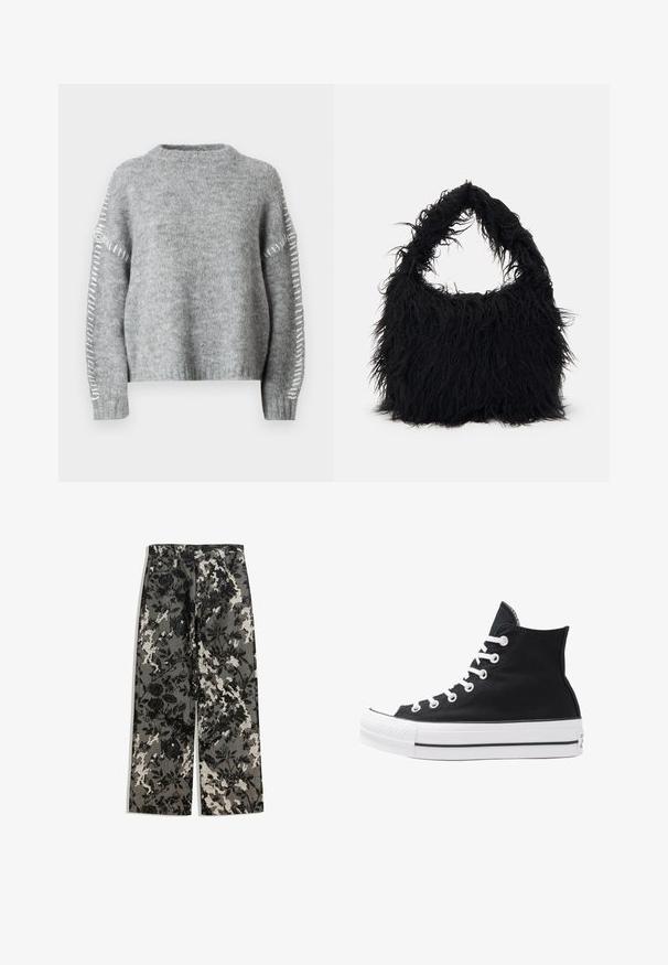 JDY JDYZOEY LIFE ON STITCH NOOS - Trui - light grey melange; Mid-rise wijde broek in een textuurpatroon van zwart-witte bloemen op een grijze achtergrond, met een klassieke tailleband en zijzakken.; Hoge zwarte canvas sneaker met witte oogjes, veters en rubberen zool. Beschikt over een gestructureerde neuskap en zwart-witte streepaccenten.; Even&Odd Shopper - black