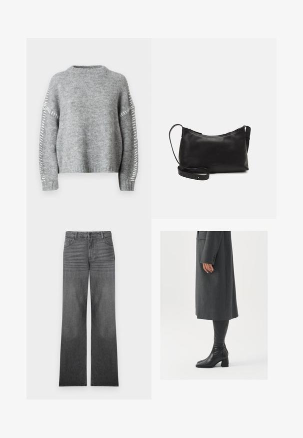 JDY JDYZOEY LIFE ON STITCH NOOS - Pulover - light grey melange; Sive vinkaste široke kavbojke z zmernim pranjem, ki vključujejo pet žepov, sprednje gumbe za zapiranje in subtilne šive.; Siv prešita zimska plašča ravnega kroja; obuta z visokimi črnimi usnjenimi škornji, ki imajo kvadratni nos in debel pet.; Črna usnjena torba čez ramo z gladko teksturo, ukrivljeno obliko, nastavljivim trakom in zadrgo. Minimalističen dizajn brez okrasnih detajlov.