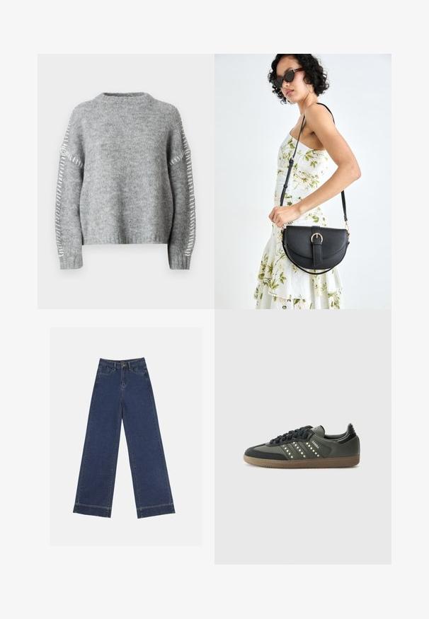 JDY JDYZOEY LIFE ON STITCH NOOS - Vesta - light grey melange; Široke traperice u tamnoplavom denimu. Imaju pet džepova, petlje za pojas i siroki rub na dnu s vidljivim detaljima šavova.; adidas Originals SAMBA OG - Tenisice - core black/legend earth/gum; Crna kožna torba s lukovitim oblikom, odvojivim remenom i zlatnim detaljima. Torba ima preklop s kopčom.