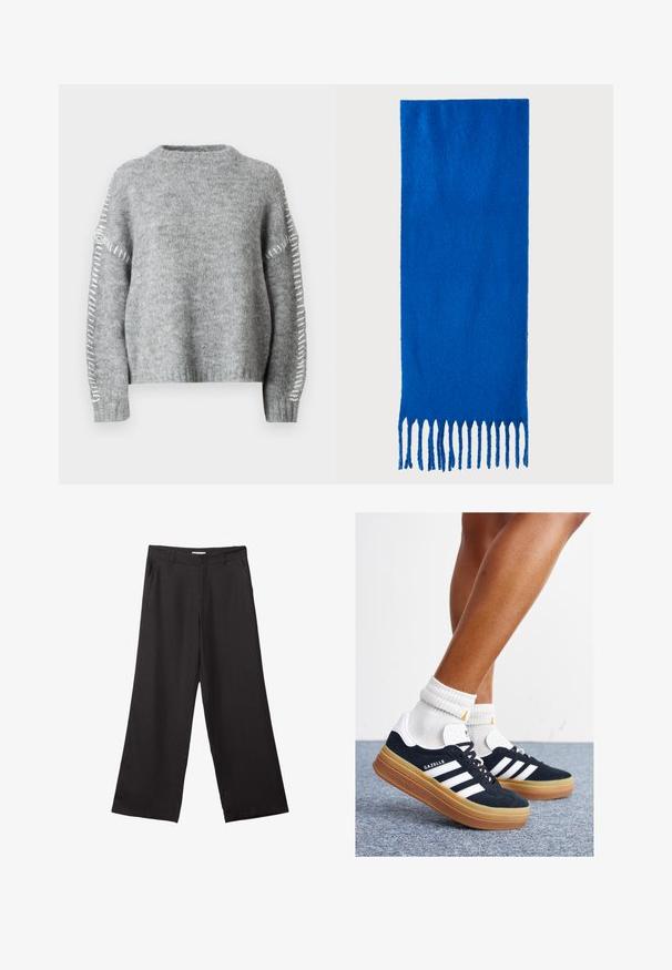 JDY JDYZOEY LIFE ON STITCH NOOS - Strickpullover - light grey melange; Schwarze weite Hosen aus glattem Stoff, mit einem Reißverschluss vorne und zwei seitlichen Taschen, maßgeschneiderter Passform und minimalistischem Design.; Schwarze Wildledersneaker mit weißen Streifen und Akzenten, rundlicher Zehenbereich, Sohlen aus braunem Gummi, kombiniert mit weißen, gerippten Sneakersocken.; Blauer gefranster Schal aus weichem Stoff; hat eine einfarbige Oberfläche mit strukturierter Textur und gleichmäßig geschnittenem Fransen am unteren Ende.; Schwarze Lederhandtasche mit strukturiertem Design, oberem Griff und einem goldenen Metallschnappverschluss auf der Vorderseite. Glatte Textur, minimale Nähte.