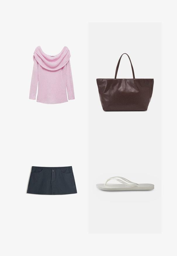 Long-sleeve top in soft pink fabric with a draped cowl neckline and a relaxed fit. Features a textured finish and rounded hem.; Navy blue pinstripe mini skirt with front pockets and a single button closure at the waist.; White flip-flop with a textured sole, featuring thin straps and a flat design. Made of rubber with a subtle logo on the footbed.; Brown woven leather tote bag with two handles, a structured shape, and a textured surface, featuring a diamond pattern throughout.