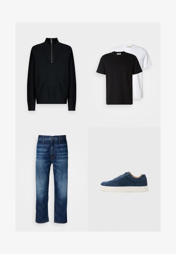 Black pullover sweater with a high collar and quarter-zip front. Ribbed texture on the collar. Long sleeves and a relaxed fit.; Two plain cotton T-shirts, one black placed in front of a white one, both with short sleeves and round necklines.; Dark blue straight-leg denim jeans with subtle fading on thighs and a button closure at the waistband, displayed on a white background.; Blue suede sneaker with white rubber sole, lace-up design, rounded toe, and contrasting tan interior. Subtle stitching details.
