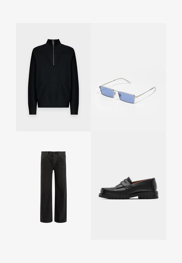 Crni pulover s visokim ovratnikom i četvrtastim patentnim zatvaračem sprijeda. Rebrasta tekstura na ovratniku. Dugi rukavi i opušteni kroj.; Crne traperice s širokim nogavicama i visokim strukom, s klasičnim dizajnom pet džepova i suptilnim izbljeđenjem za teksturirani izgled.; Crne kožne mokasine imaju podignutu šav, dvije dekorativne trake na gornjem dijelu i debeli teksturirani đon za bolji grip.; Metalne sunčane naočale s pravokutnim oblikom, plavim zasjenjenim lećama i srebrnim okvirom. Imaju nosne jastučiće i tanke, ravne drške.