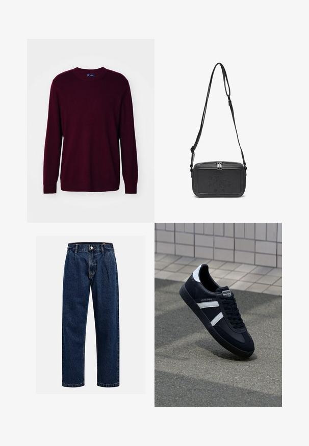 GAP CASHSOFT CREW - Trui - noir red; Donkerblauwe denim jeans met een rechtlopende pasvorm. Beschikt over zichtbare stiksels, een knoopsluiting en voorste plooien voor extra detail.; Zwarte leren sneaker met witte strepen, een gestructureerde rubberen zool en vetersluiting aan de voorkant. Voorzien van een merklabel op de tong.; Zwarte leren schoudertas met een ritssluiting, reliëflogo aan de voorkant en een verstelbare schouderriem. Gladde textuur met een rechthoekige vorm.