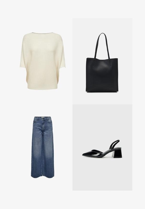 Top tricot couleur crème avec un large col bateau, des manches courtes et une texture côtelée. Coupe fluide avec un ourlet incurvé.; Jeans en denim bleu à jambes larges, avec une taille haute, un design classique à cinq poches et un lavage délavé pour un ajustement décontracté.; Escarpins en cuir verni noir avec bout pointu et talon bloc géométrique. Présente un design élégant et minimaliste ainsi qu'une texture lisse.; Sac fourre-tout en cuir noir avec une texture lisse, de forme rectangulaire et deux longues poignées. Pas de matériel ou d'ornementations visibles.