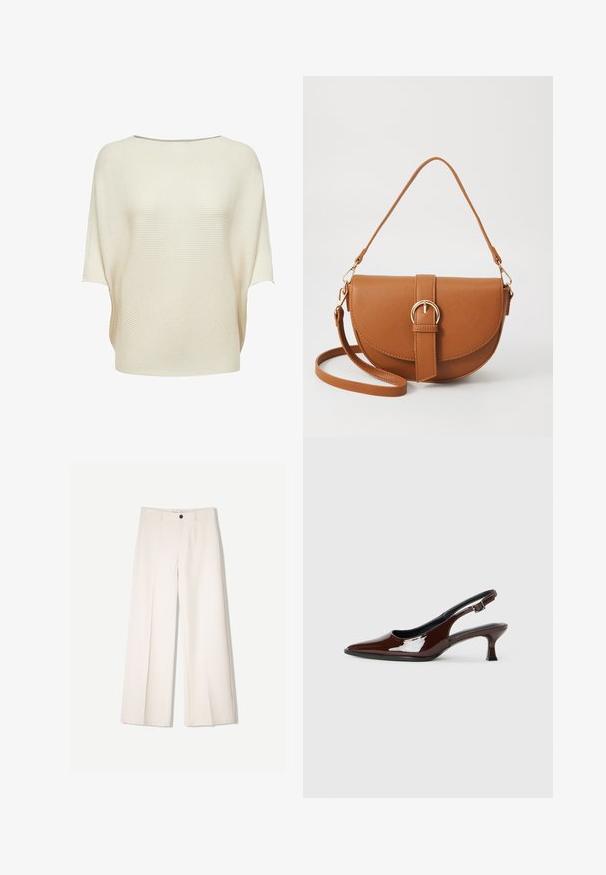 Top lavorato a maglia color crema con ampia scollatura a barca, maniche corte e texture a coste. Vestibilità ampia con orlo curvo.; Pantaloni larghi color crema con design sartoriale, dotati di due tasche frontali e una chiusura con bottone anteriore, realizzati in tessuto liscio.; Scarpa slingback in pelle verniciata marrone con punta affusolata e tacco moderato. Presenta una fascia con fibbia per una calzata sicura. Tessuto liscio.; Borsa a tracolla in pelle marrone con forma curvata, hardware dorato e un dettaglio con fibbia. Presenta una tracolla rimovibile.