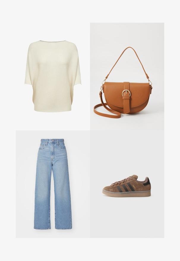 Top tricot couleur crème avec un large col bateau, des manches courtes et une texture côtelée. Coupe fluide avec un ourlet incurvé.; Jean large taille haute bleu clair avec bouton et fermeture éclair à l'avant, poches avant et arrière, sur fond blanc.; Sneaker en daim marron avec trois bandes foncées, devant à lacets texturé et talon noir contrastant. Dispose d'une semelle en caoutchouc et d'un logo doré.; Sac bandoulière en cuir marron avec une forme incurvée, quincaillerie dorée et un accent en boucle. Comprend une bandoulière détachable.