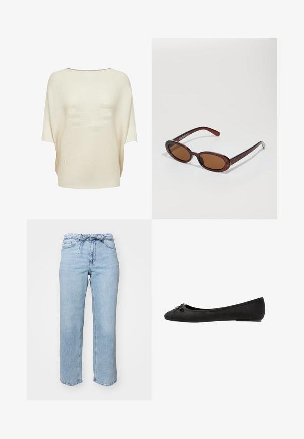 Cremefarvet strikbluse med en bred bådudskæring, korte ærmer og ribbet tekstur. Løs pasform med en afrundet kant.; Lysblå denimjeans med en afslappet lige benudskæring, fem lommer og en talje med bæltestropper. Slidt finish med subtil fading.; Sorte ruskind ballet flats med rund tå, prydet med en dekorativ sløjfe på forsiden og flad sål. Glat tekstur og klassisk form.; Runde, bruntonede solbriller med en glansfuld bordeauxramme. Slanke arme med diskret brandingdetalje. Flad linsedesign.