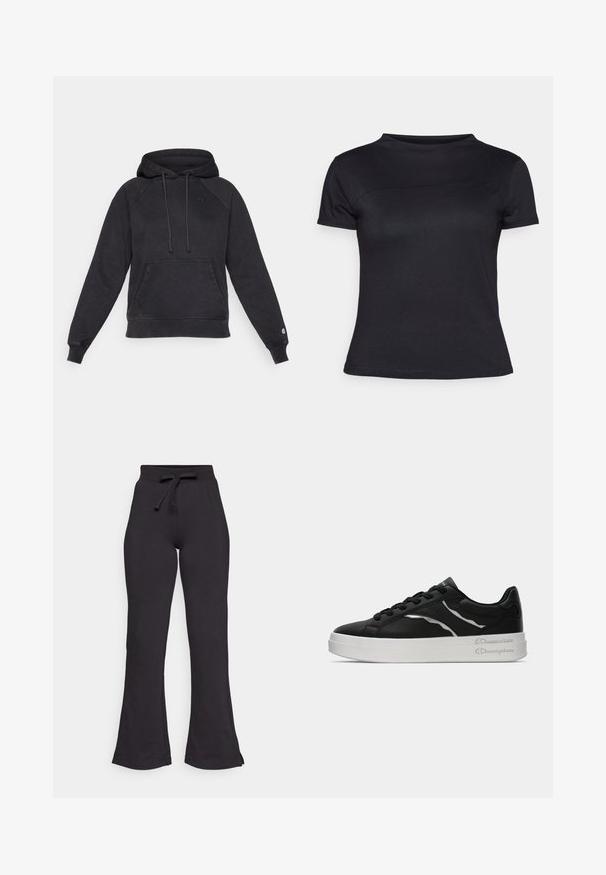 Černá mikina s kapucí a klokankou, vyrobená z měkké tkaniny. Má raglánové rukávy a malé logo na hrudi a manžetě.; Černé tričko s krátkým rukávem vyrobené z bavlněné směsi, s kulatým výstřihem a hladkým povrchem, bez viditelných log a vzorů.; Černé rozšířené tepláky vyrobené z měkké látky, s elastickým pasem na šňůrku a hladkou texturou. Navrženy pro pohodlí a snadné nošení.; Černé kožené tenisky s bílou podrážkou, s tenkými stříbrnými akcenty a šněrovacím designem. Hladký povrch s logem na patě.